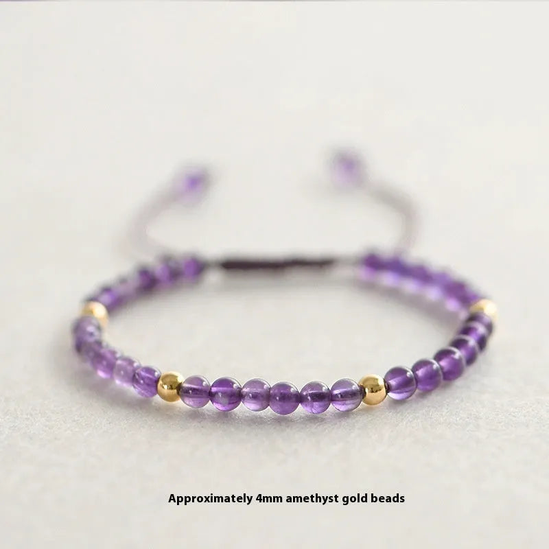 Handmade purple amethyst crystal bracelet with 4mm beads and 14K gold geometric accents