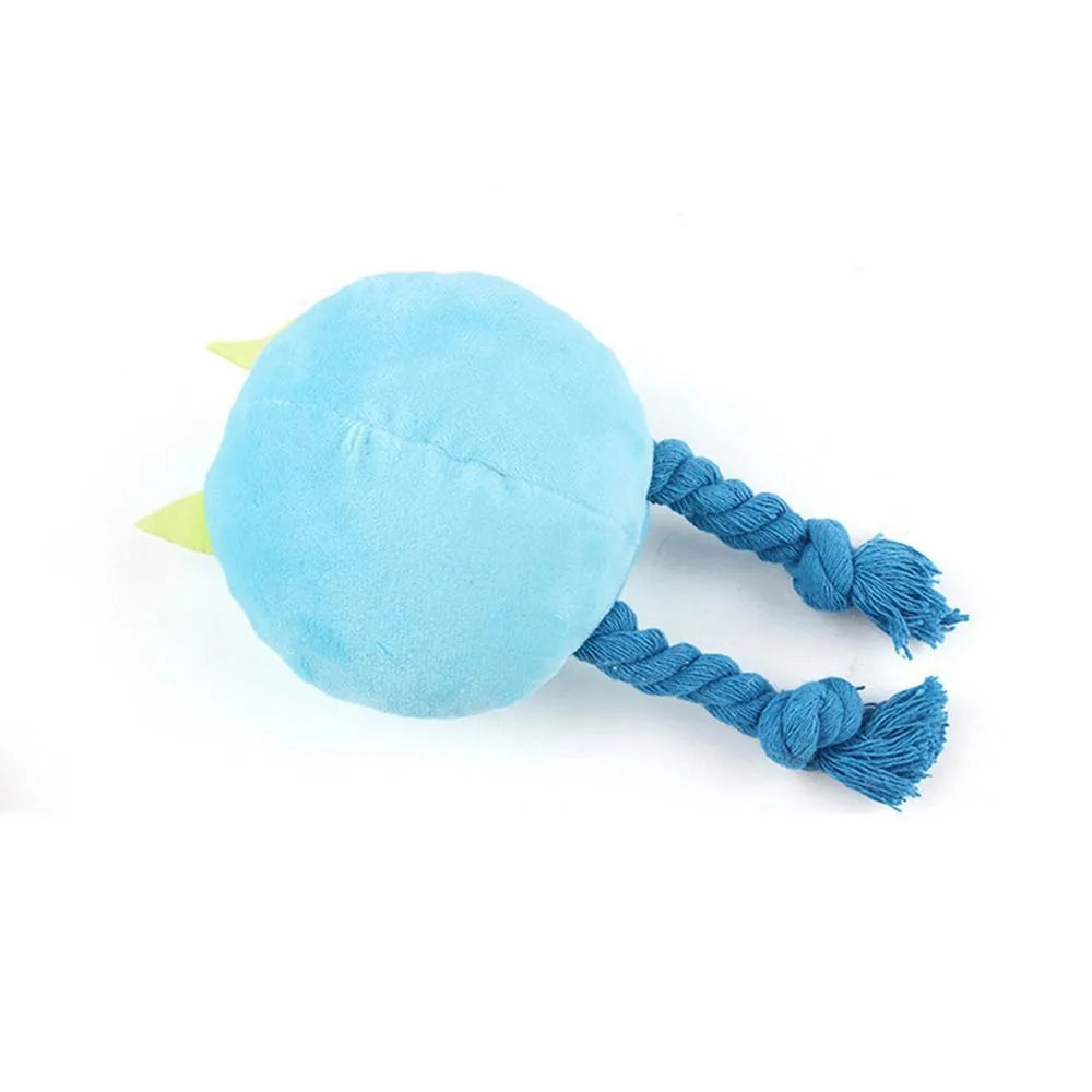 Blue and yellow cartoon animal dog squeaky toys with rope knot construction