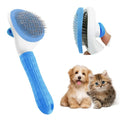 Blue cat deshedding brush with a release button, fine wire bristles, for removing loose fur from pets.