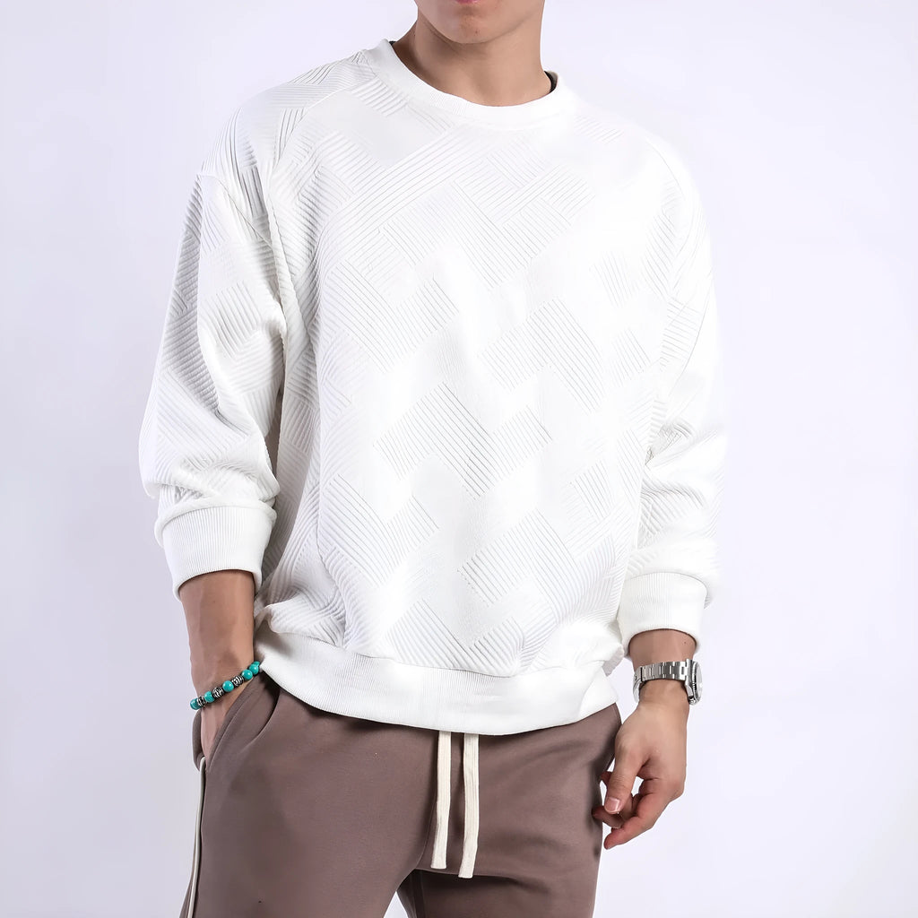 Men's loose fit long-sleeved twill jacquard sweater in Army Green, shown with round neck and regular sleeves.