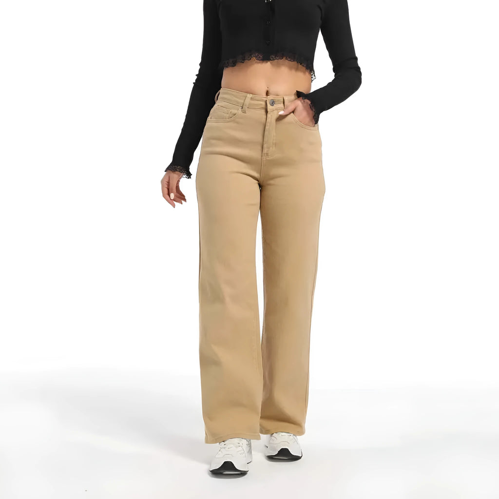 Women's apricot high-waist wide-leg jeans made from stretch cotton, laid flat.