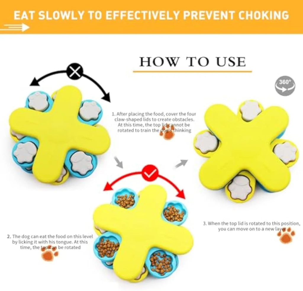 Yellow three-layer rotating dog puzzle feeder toy with non-slip base