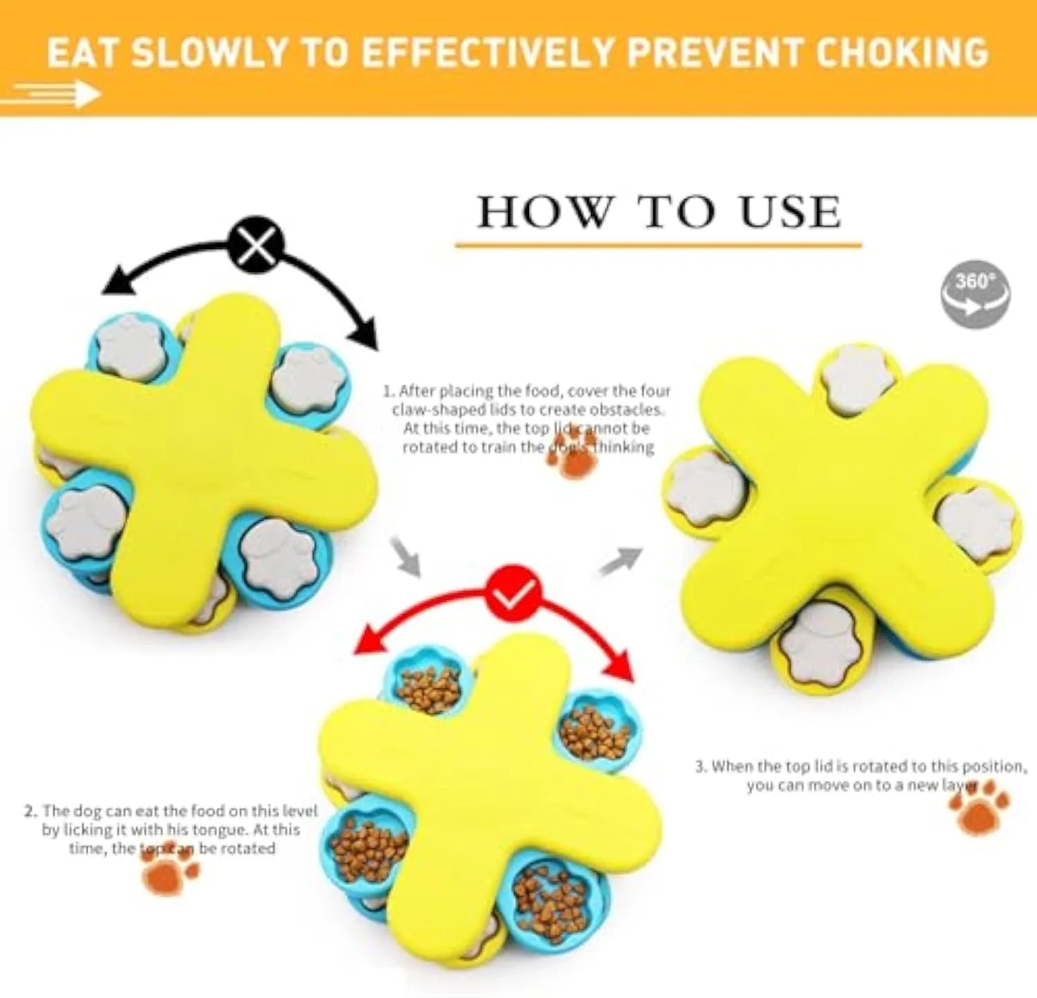 Yellow three-layer rotating dog puzzle feeder toy with non-slip base