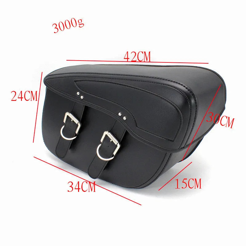 Retro style motorcycle saddle bag in PU leather with 42cm dimensions, shown in black and brown colour options