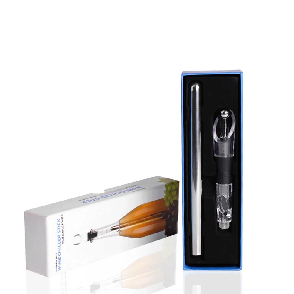 Stainless steel wine chilling rod with acrylic handle and integrated pourer, shown in silver finish.