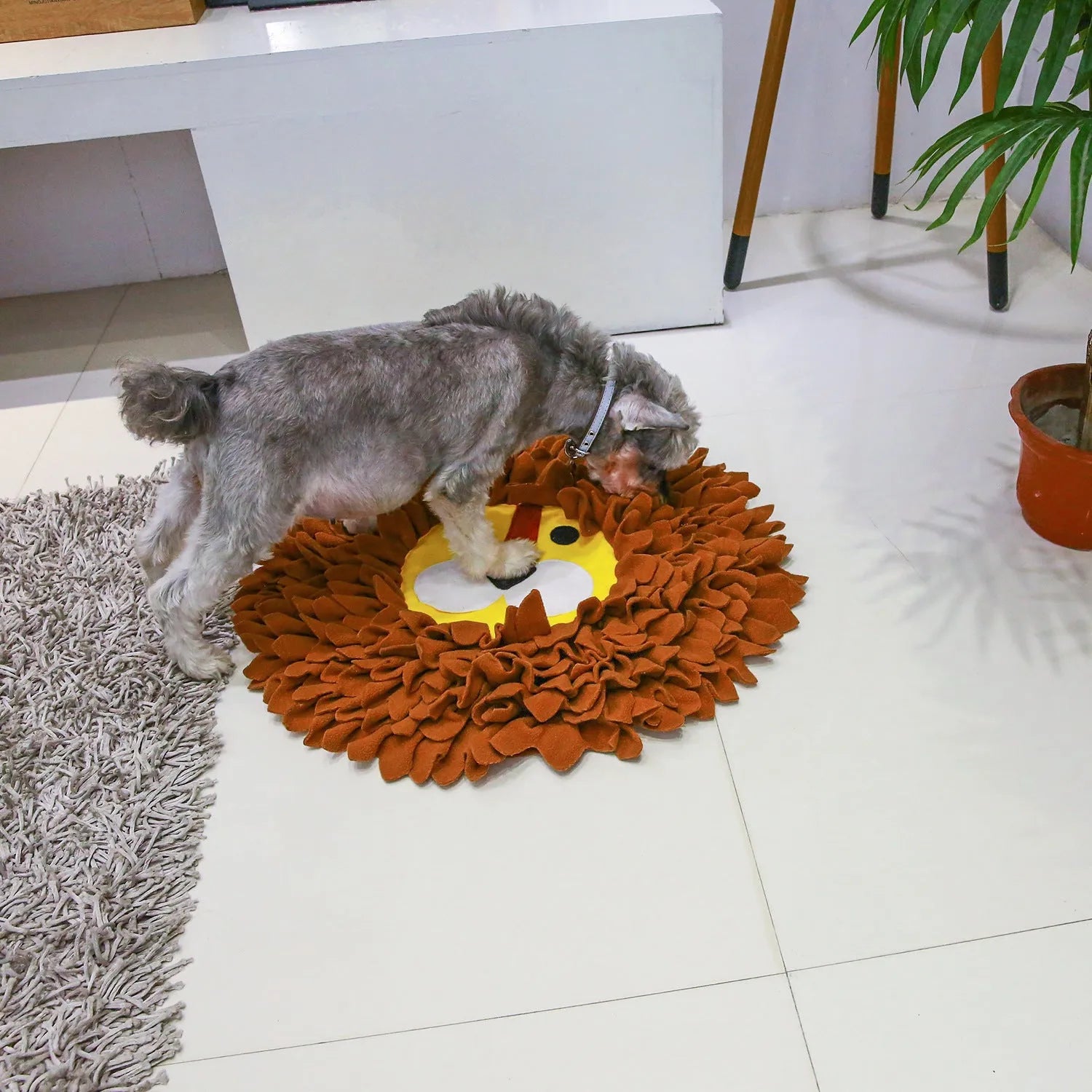 Brown lion pattern snuffle mat for dogs and cats with textured channels for hiding food