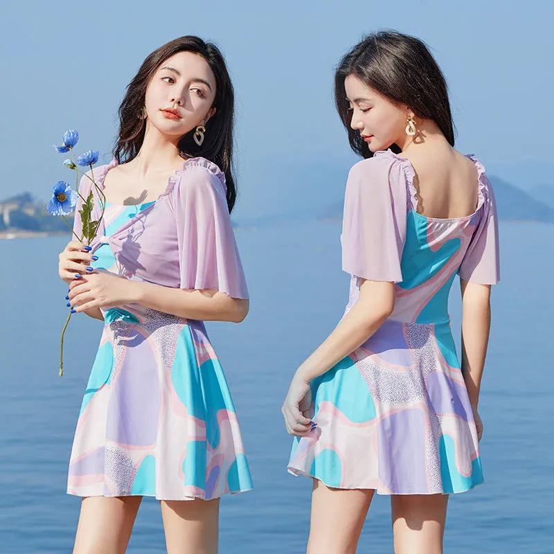 Women's floral high-waist one-piece swimsuit in light purple and light blue patterns