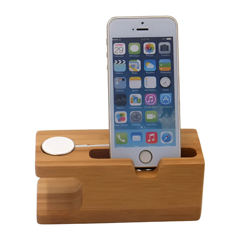 Bamboo phone and watch stand with carved design measuring 149mm wide
