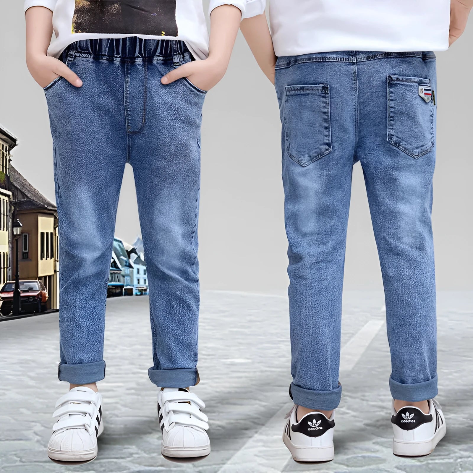 Boys jeans with one-piece velvet lining in light blue, size 100cm to 160cm, autumn winter