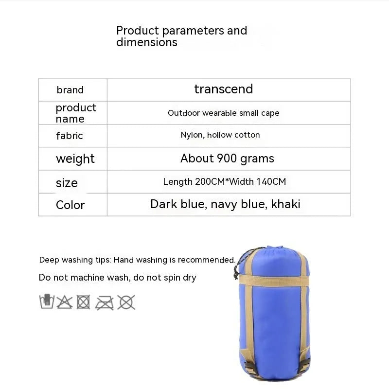 Army Green wearable cloak sleeping bag for adults laid flat, showing 200x140cm size and cape design.