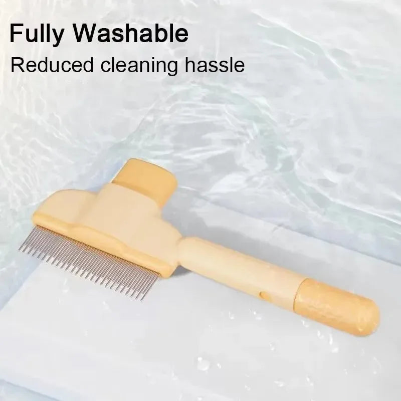 Green and yellow pet grooming brush with one-click hair removal mechanism for dogs