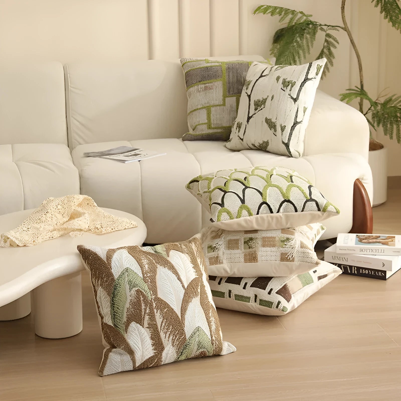 Close-up of a square Jacquard woven cushion cover with a detailed retro floral pattern in various colours.