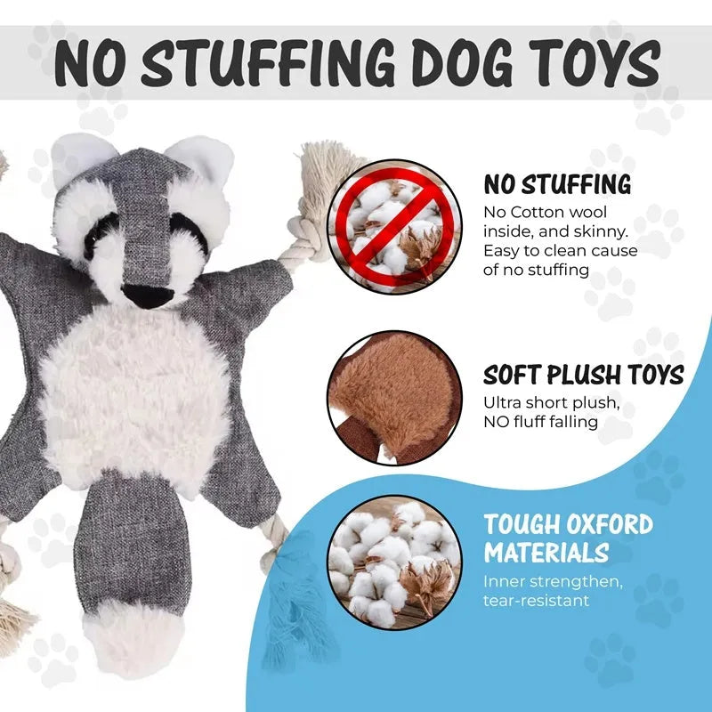 Plush squeaky dog toy set with fox, squirrel, monkey, and other animal shapes on a light background