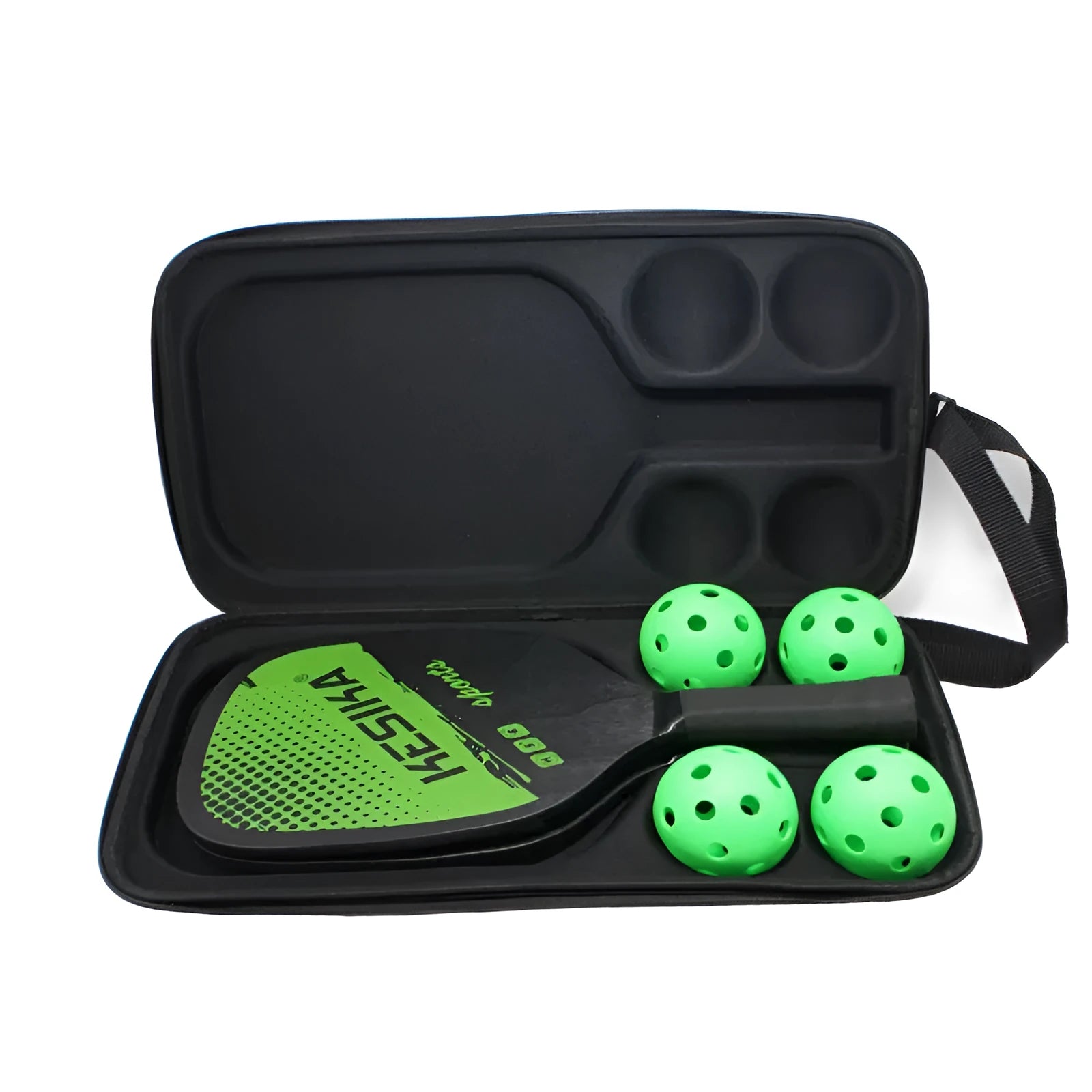 Black portable EVA storage case for a pickleball racket and balls with two shoulder straps.