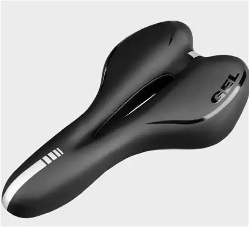 Silicone bicycle cushion saddle with PU leather cover, spring, and included wrench and tyre patches.