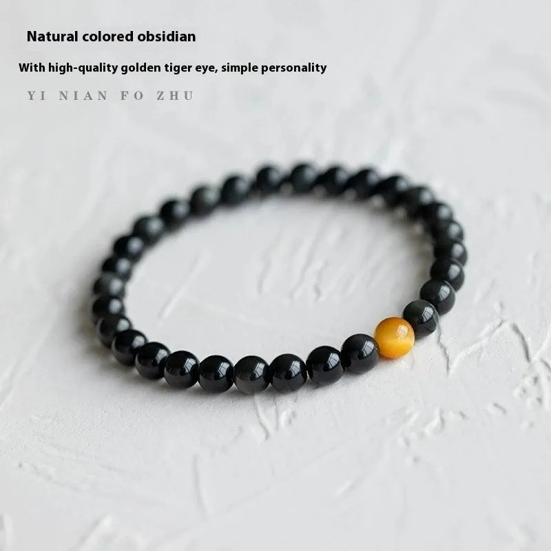 Black obsidian geometric bead bracelet in Korean style, showing size options.