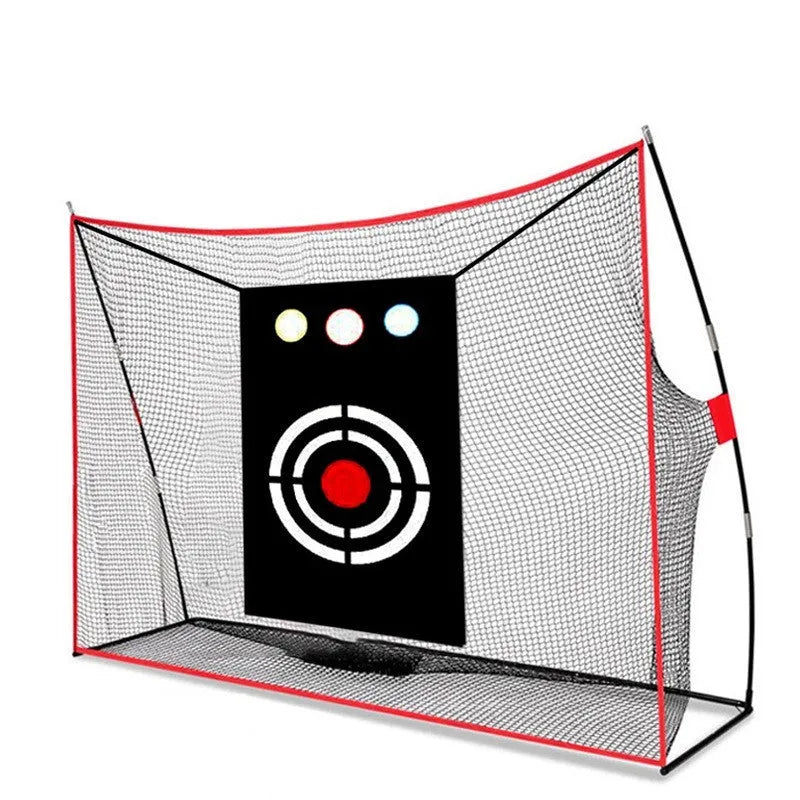 Golf swing wedge training net with 3-hole design, straw mat, and practice balls