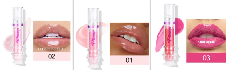 Lip gloss tube with mirror finish showing shiny application on lips