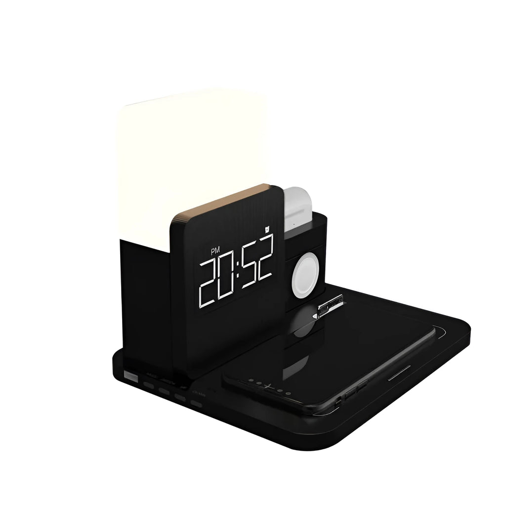 Three-in-one Qi wireless charger stand in dark green colour charging smartphone, earbuds and smartwatch