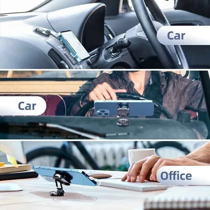 Chrome magnetic car phone holder showing folded and extended positions with 360-degree rotation