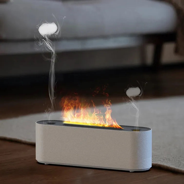 Black or white flame air humidifier with aroma diffuser and 7 colour LED lighting on table