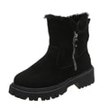 Women's black high-top faux suede snow boots with side zip and thick plush lining on a rubber sole.