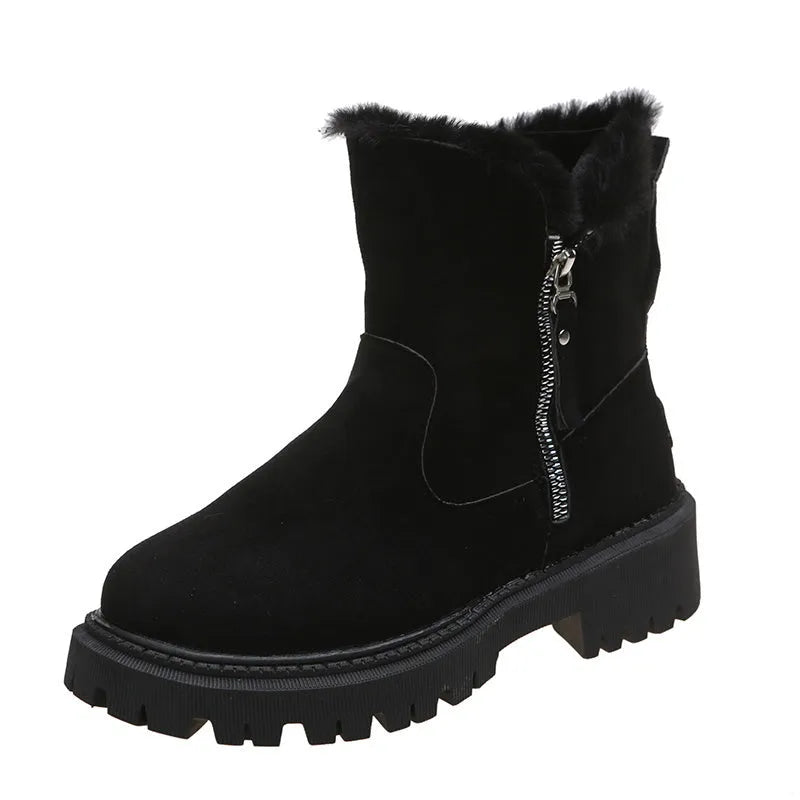 Women's black high-top faux suede snow boots with side zip and thick plush lining on a rubber sole.