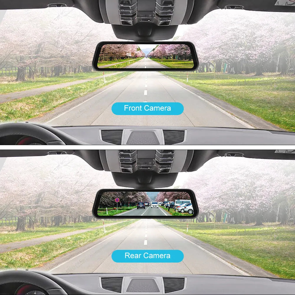 9.66-inch HD car video mirror monitor with reverse camera and mounting kit on a dashboard.