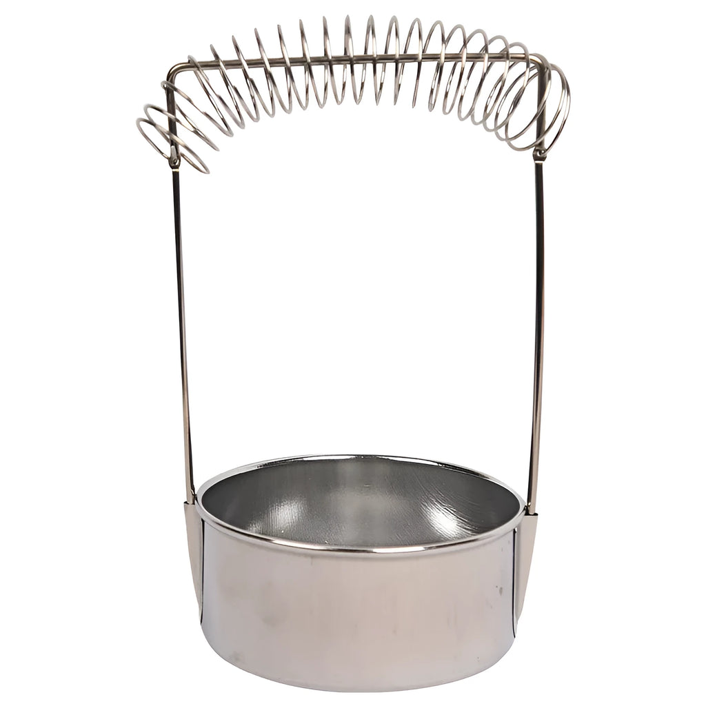 Silver stainless steel oil painting pen washer tank with a spring clip for holding brushes.