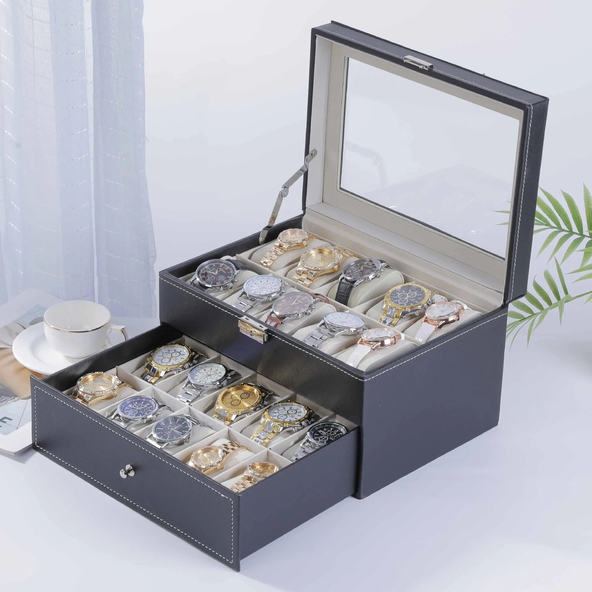 Grey high-grade leather watch storage box with a transparent dustproof lid showing multiple watch slots inside.