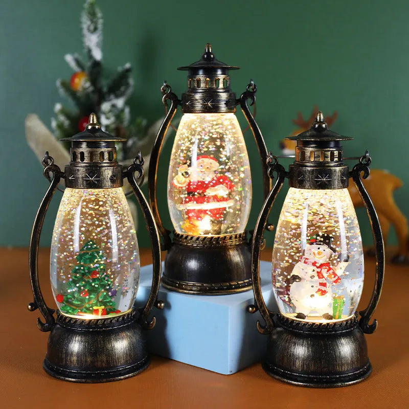 Crystal ball LED oil lamp Christmas decoration showing snowman or elderly figure winter scene inside spherical design