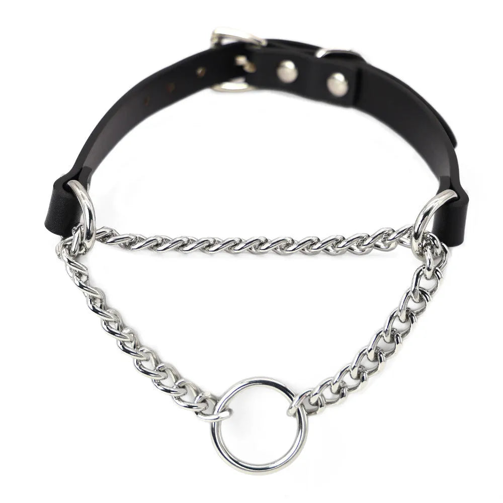 Black leather dog collar and leash set with tightening chain and hand grip rope
