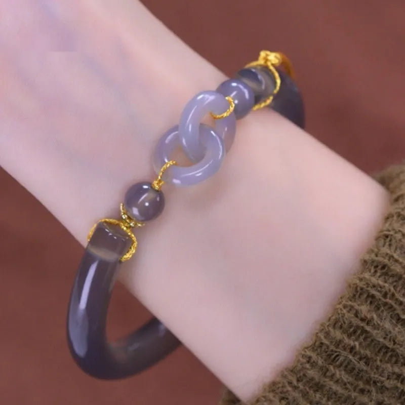 Women's agate half bracelet with ring buckle in smoke purple and grey colours