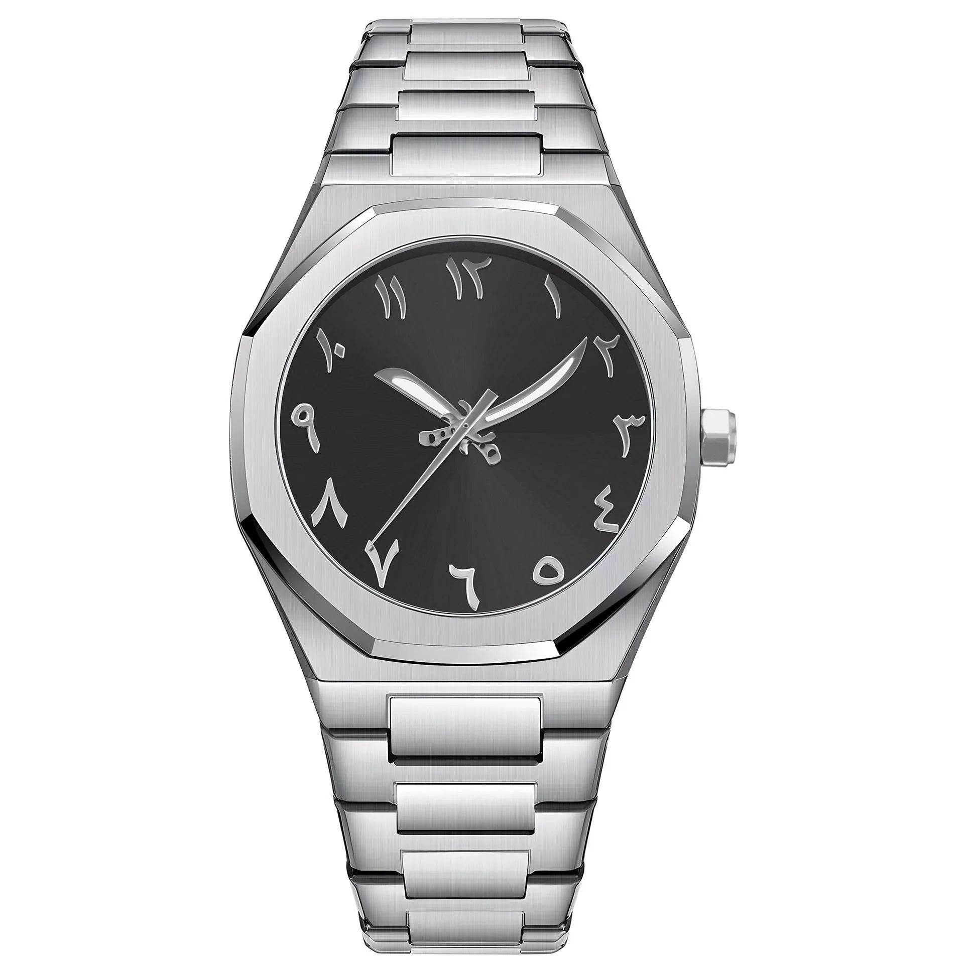 Men's silver and black business casual watch with steel bracelet and analogue dial on a wrist.