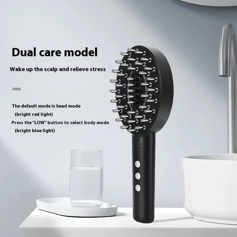 KD3802 black scalp vibration massager device with charging cable on a neutral background.