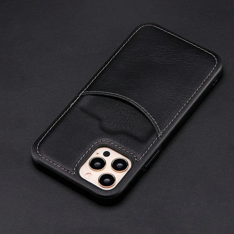 Dark blue PU leather protective case for an iPhone, shown from the back.