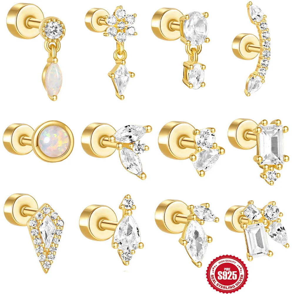 S925 sterling silver flat column geometric threaded ear bone stud in a gold electroplated finish.