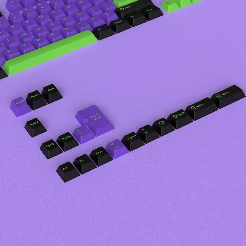 126 piece two-colour engraved plastic key cap set in black and purple for mechanical keyboards
