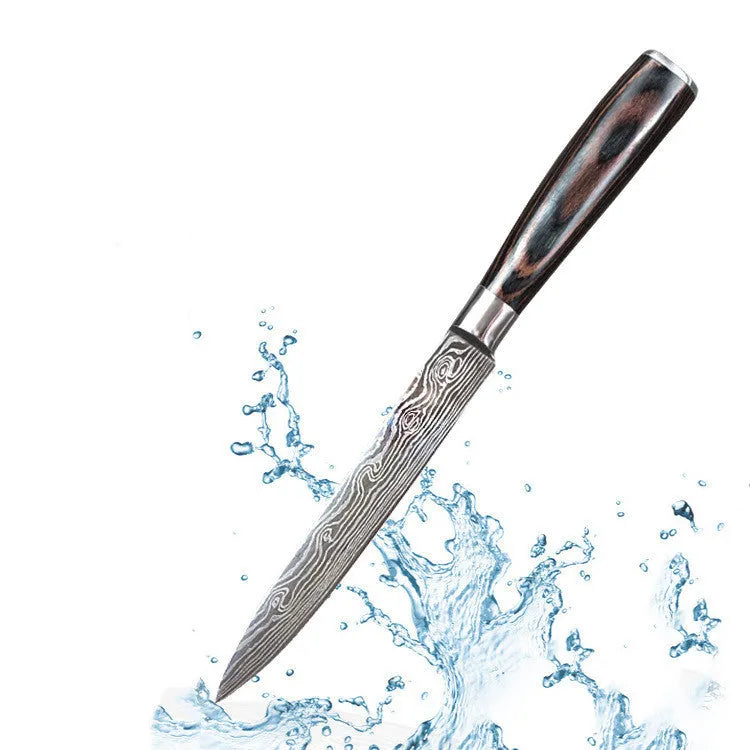 7Cr17 stainless steel kitchen knife with coloured wood handle and Damascus pattern blade on a black gift box.
