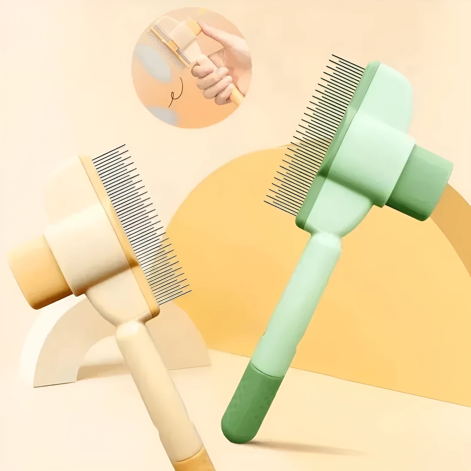 Green and yellow pet grooming brush with one-click hair removal mechanism for dogs