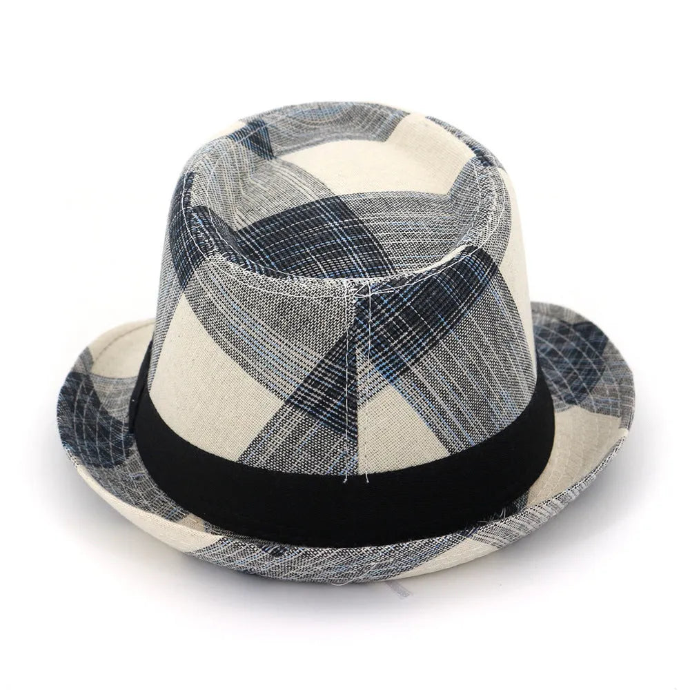 Blue and black polyester straw sun hat with bell crown and 4.5cm brim for outdoor sun protection.