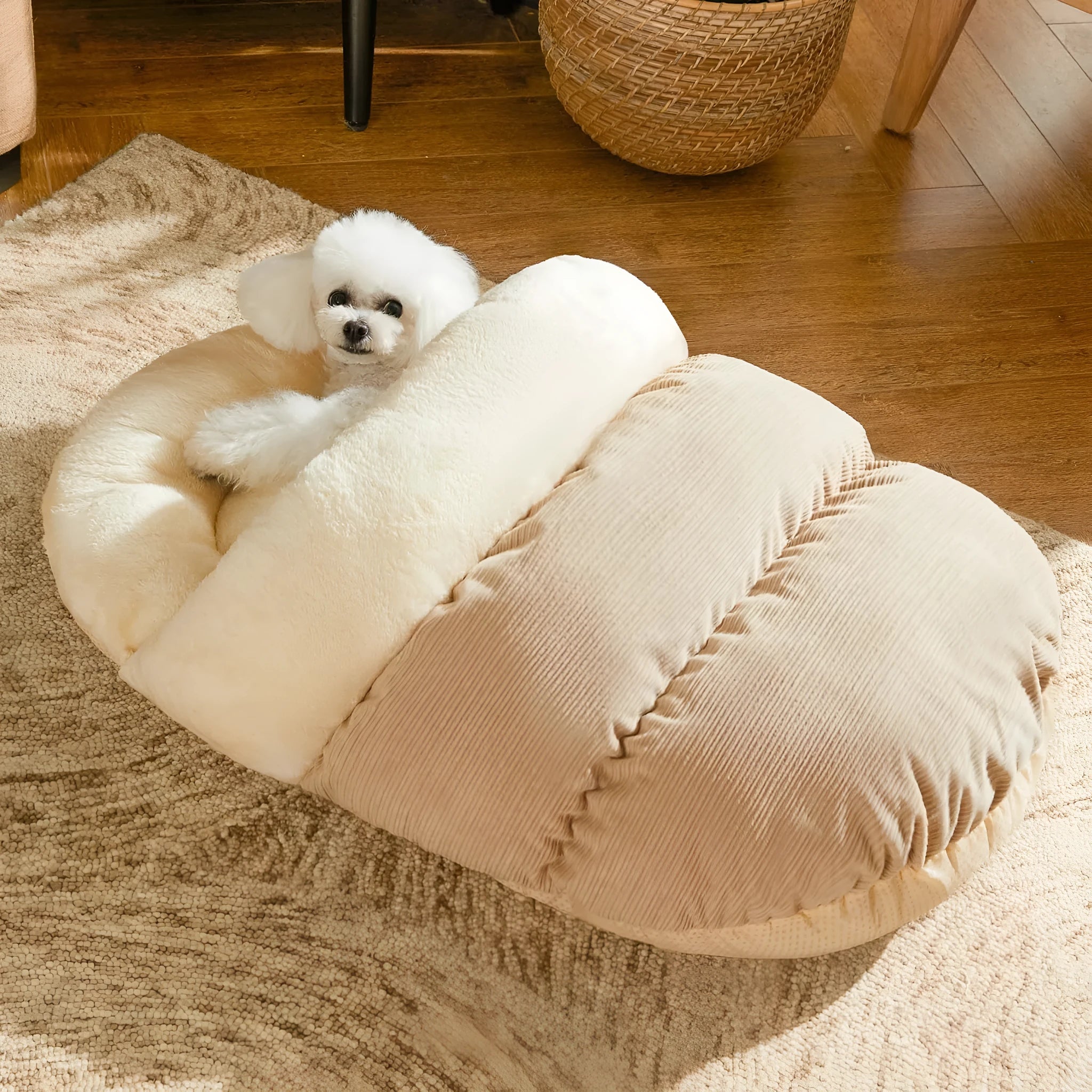 Slipper-shaped cat bed with corduroy exterior shown in closed cave configuration and opened flat position