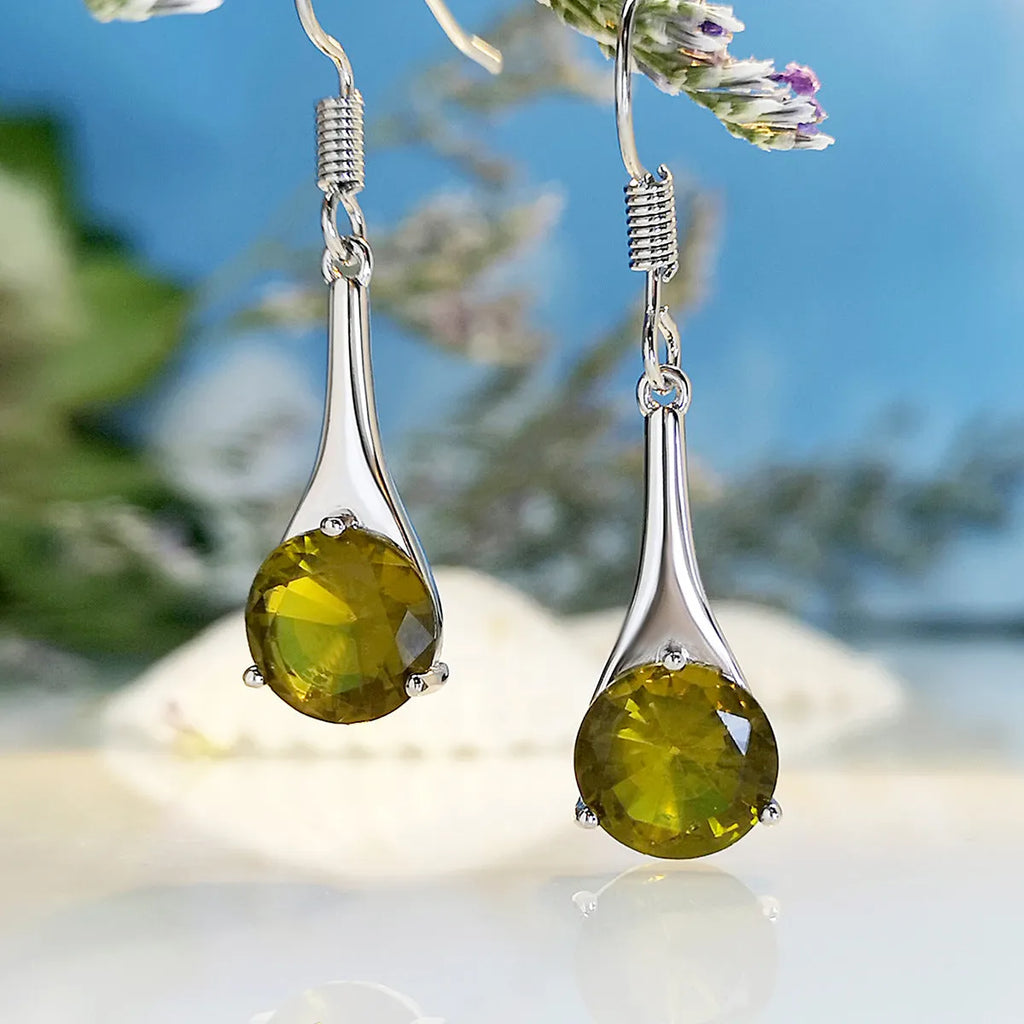 Olive green topaz drop earrings with water drop shape and minimalist retro design