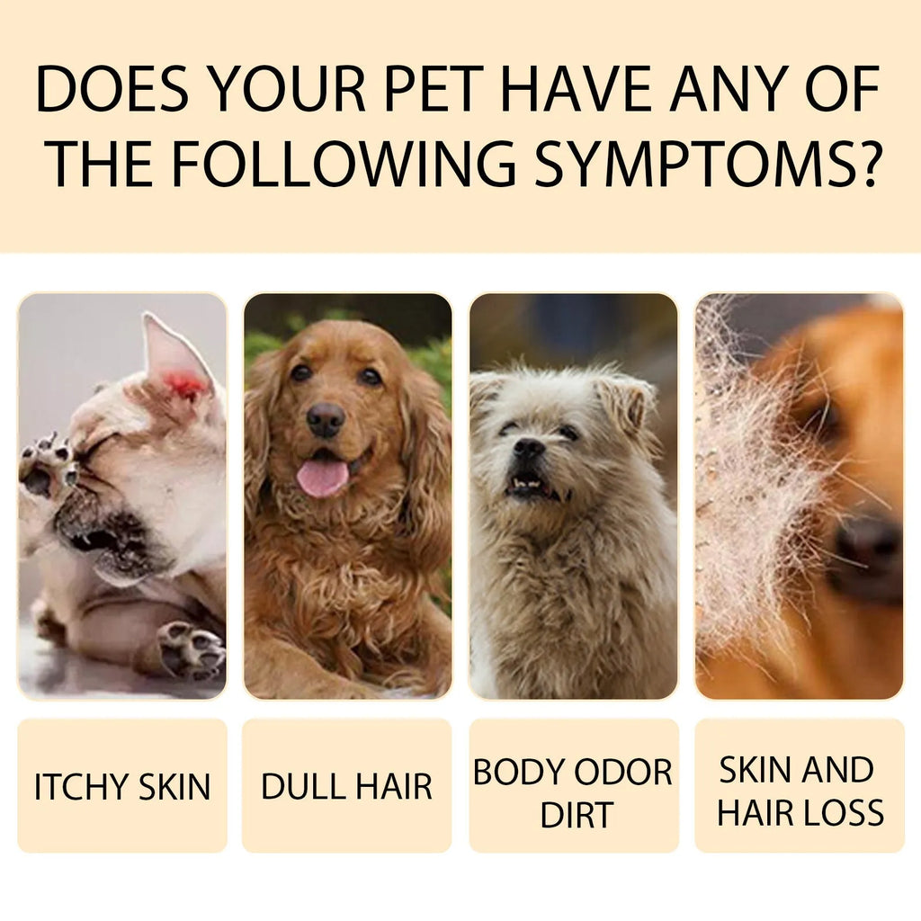 Mild pet shampoo bottle for dogs and cats in 100ml and 300ml sizes