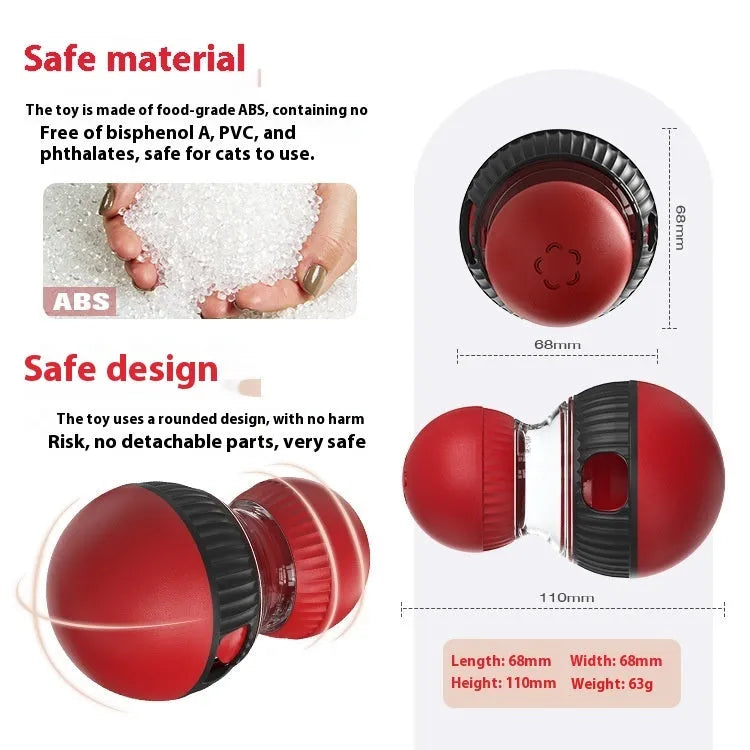 Rotating plastic cat toy ball with food dropping compartment and sound feature.