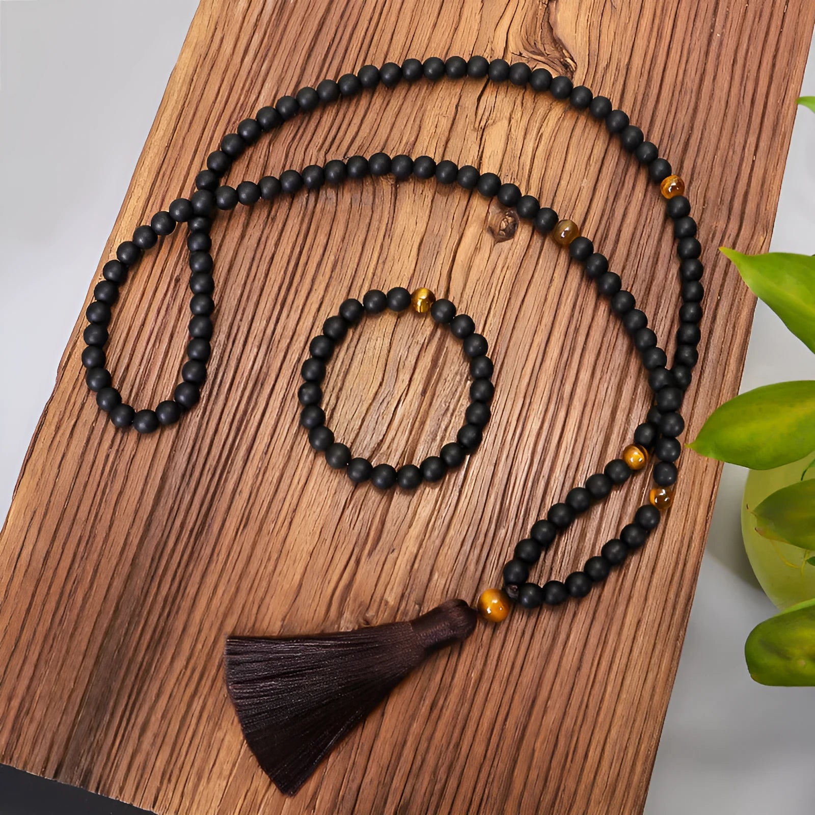 Tigereye stone bead yoga necklace and bracelet set with 108 natural gemstones