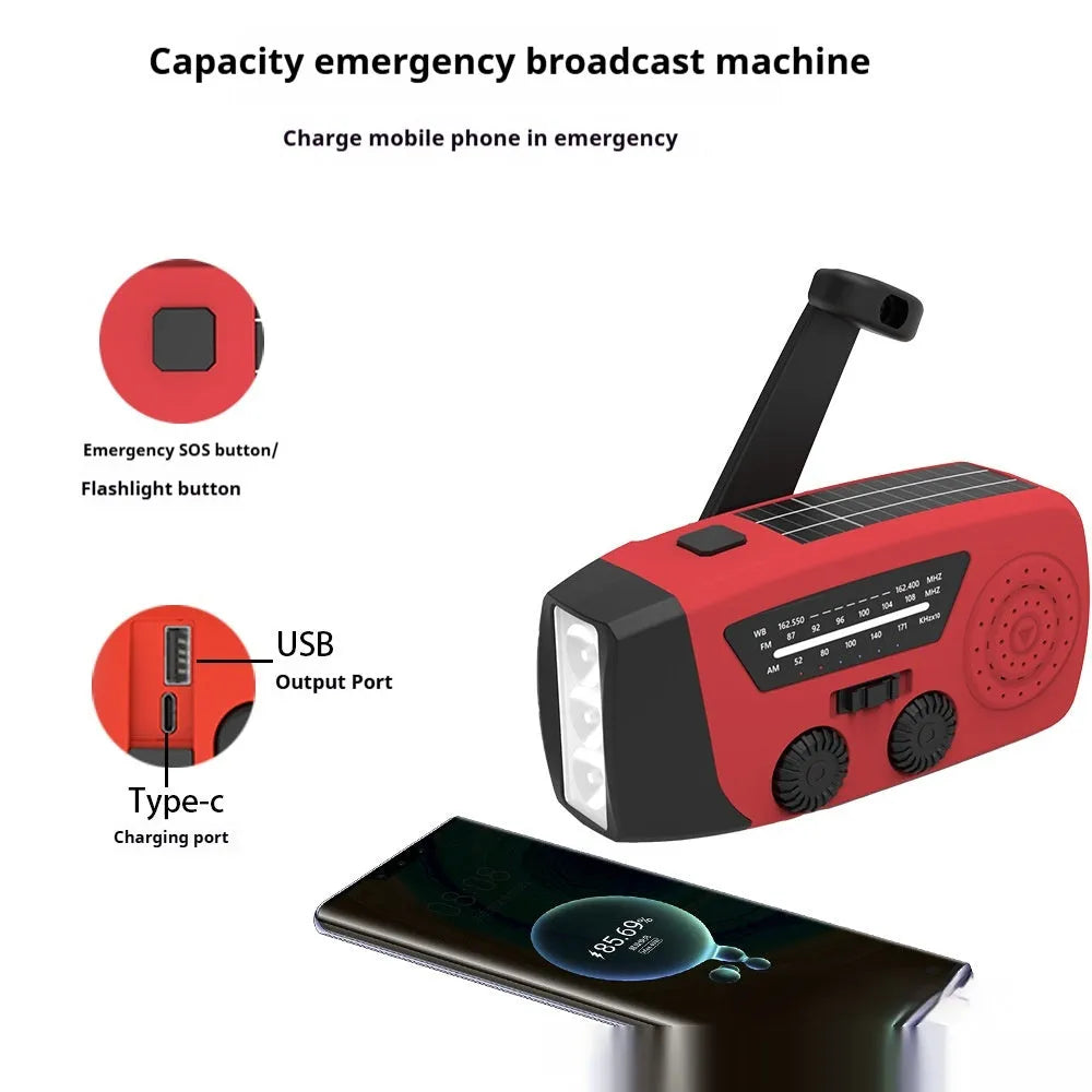 Red rechargeable emergency hand-crank radio torch with 5W LED light and wrist strap