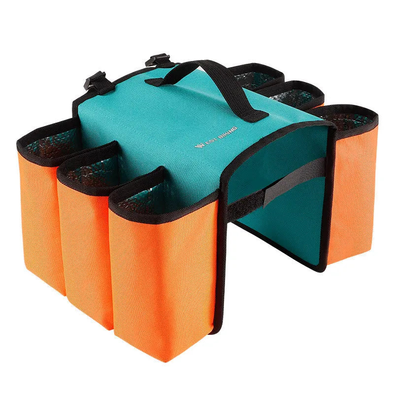 Black and orange bicycle handlebar bag for two drink bottles, made from 600D PVC material.