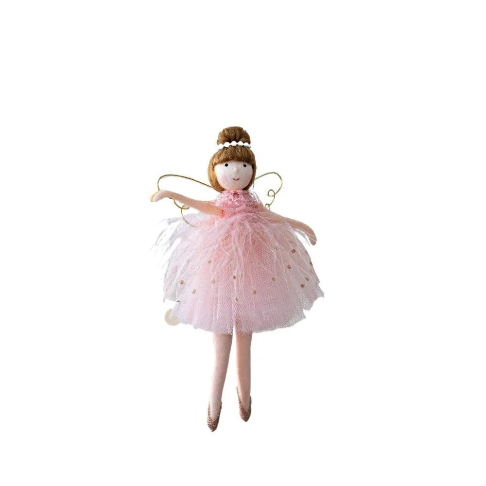 Pink and white cloth ballet girl angel plush doll pendant on a plain background.