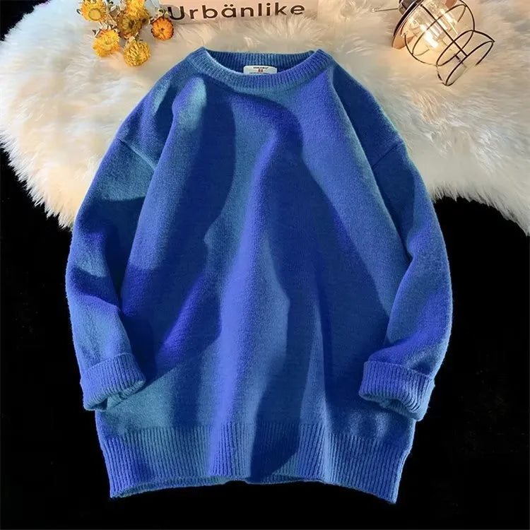 Men's loose round neck pullover sweater in multiple colour options: black, white, yellow, gray, light blue, and dark blue